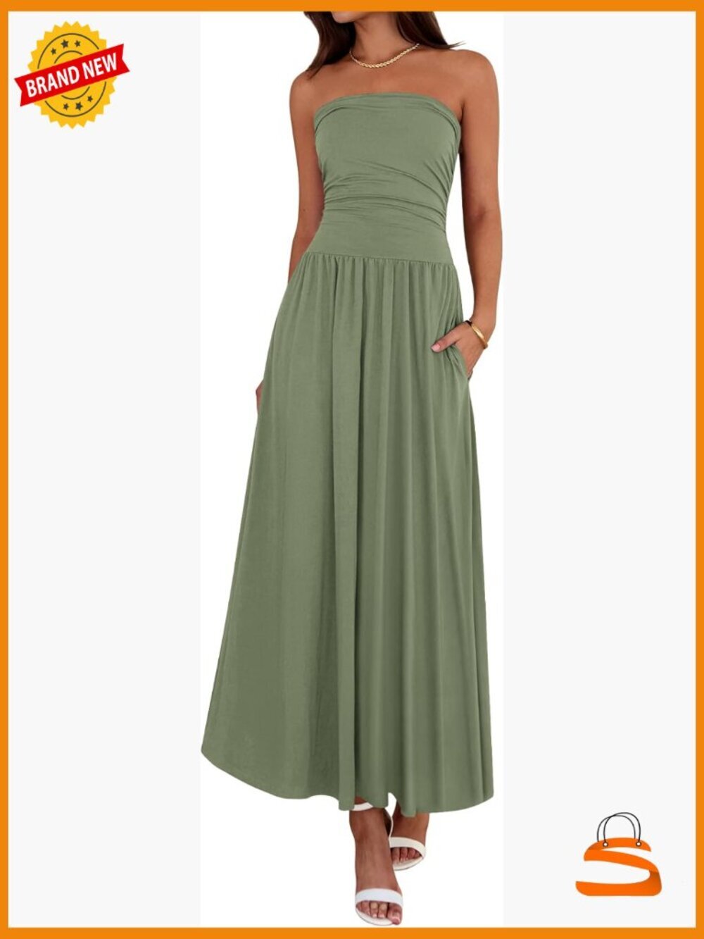 Strapless Tube Top Ruched Maxi Dress with Pockets Beach Vacation Wedding Guest